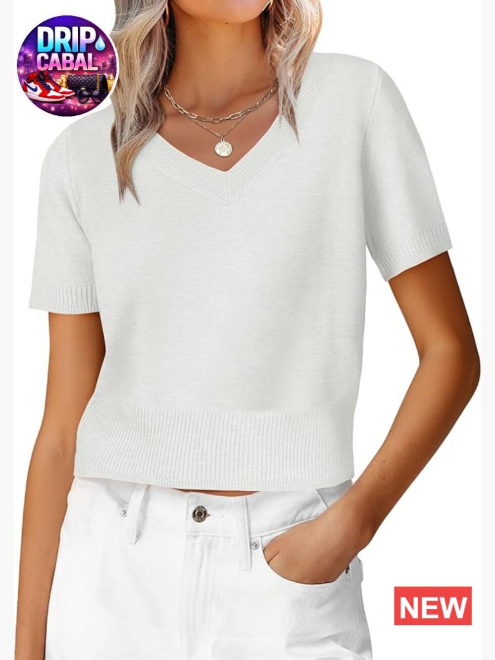 Short Sleeve Cropped V Neck Sweater Top